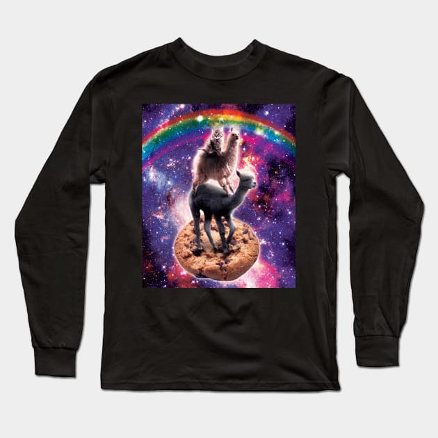 Space Cat Llama Alpaca Riding Cookie Long Sleeve T-Shirt by Random Galaxy